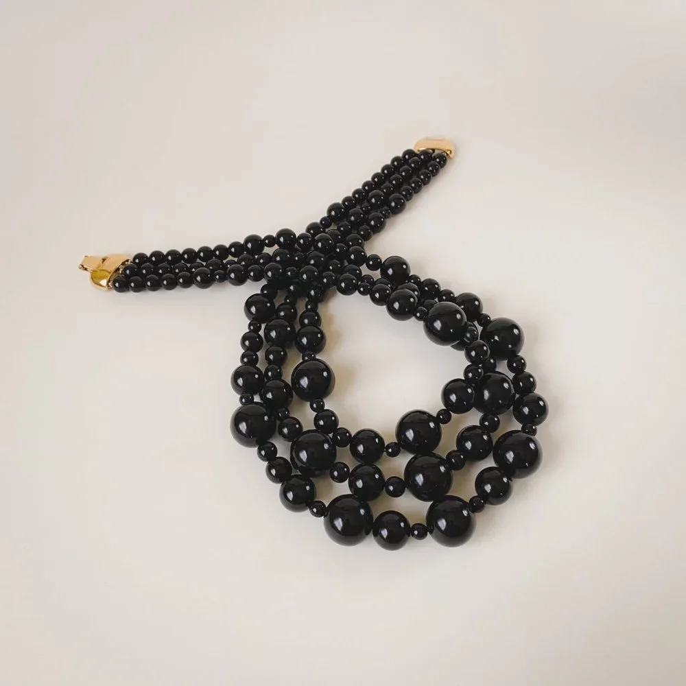 Vintage Monet Black Ball Round Beaded Multi Strand Statement Bib Necklace - Picture 4 of 12